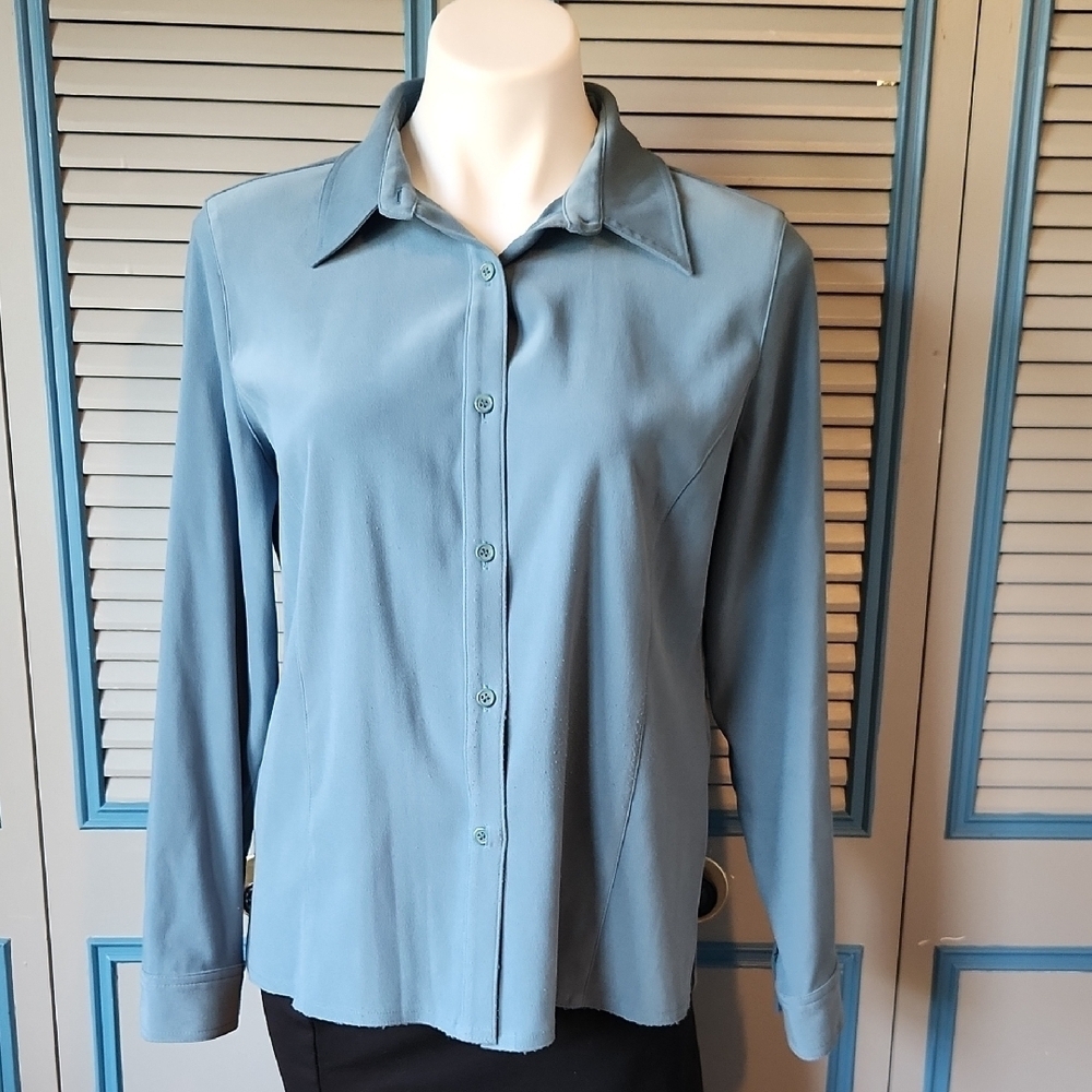 Petite Sophisticate Teal Button-Down Blouse